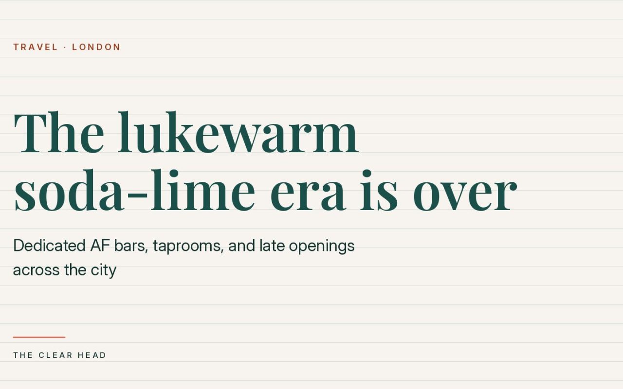 Illustration reading 'the lukewarm soda-lime era is over' for a sober travel guide to London's alcohol-free bars