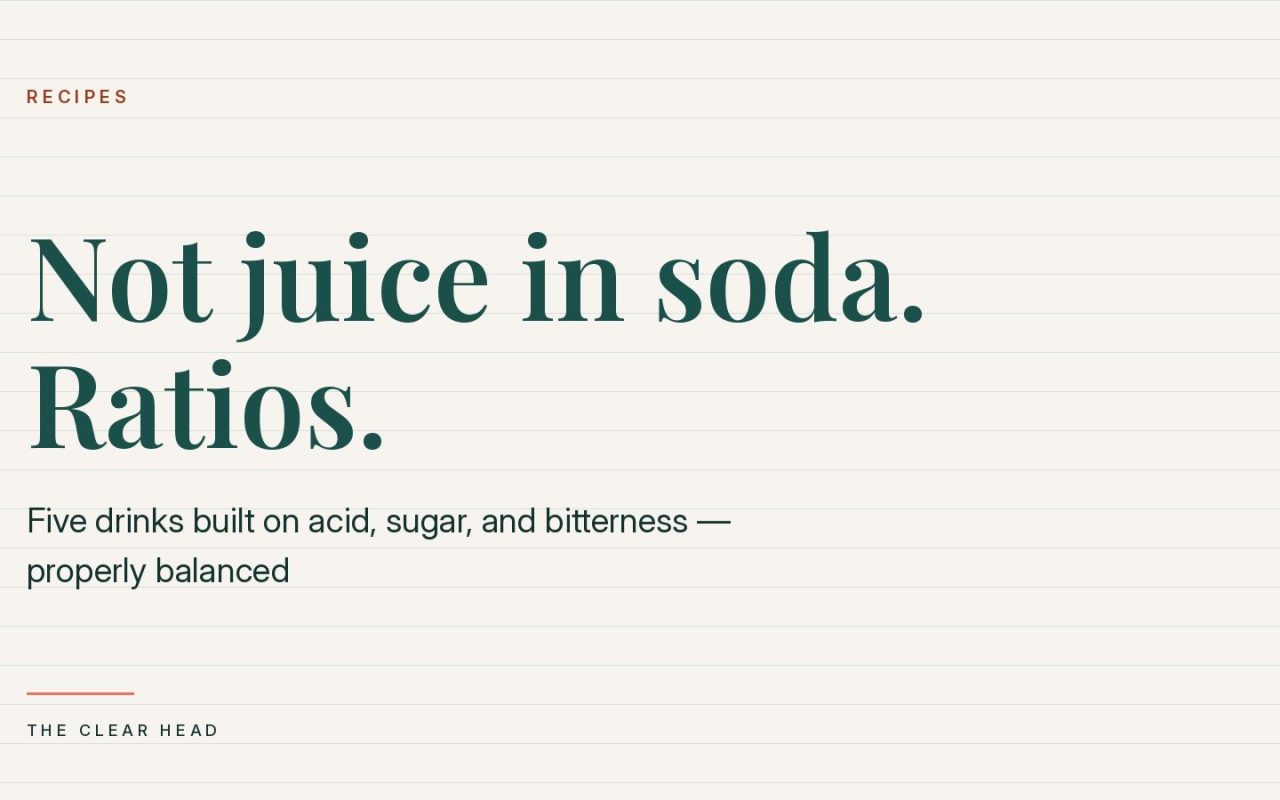 Illustration reading 'not juice in soda, ratios' for five-minute zero-proof summer mocktail recipes