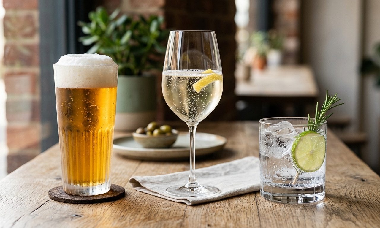 A stylish lineup of modern non-alcoholic drinks on a wooden table: alcohol-free lager, sparkling dealcoholised white, and a botanical gin with lime.