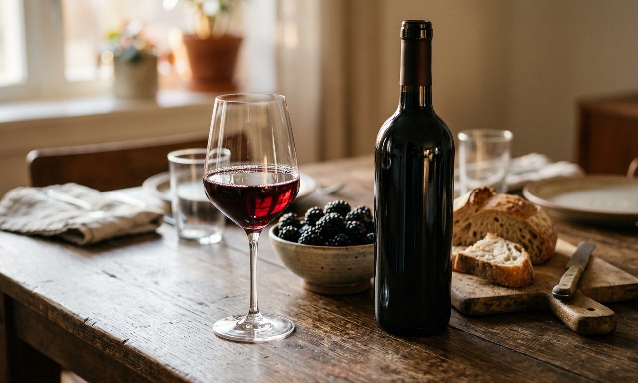 A glass of rich ruby red dealcoholised wine on a rustic dining table next to a wine bottle, fresh figs, and bread.
