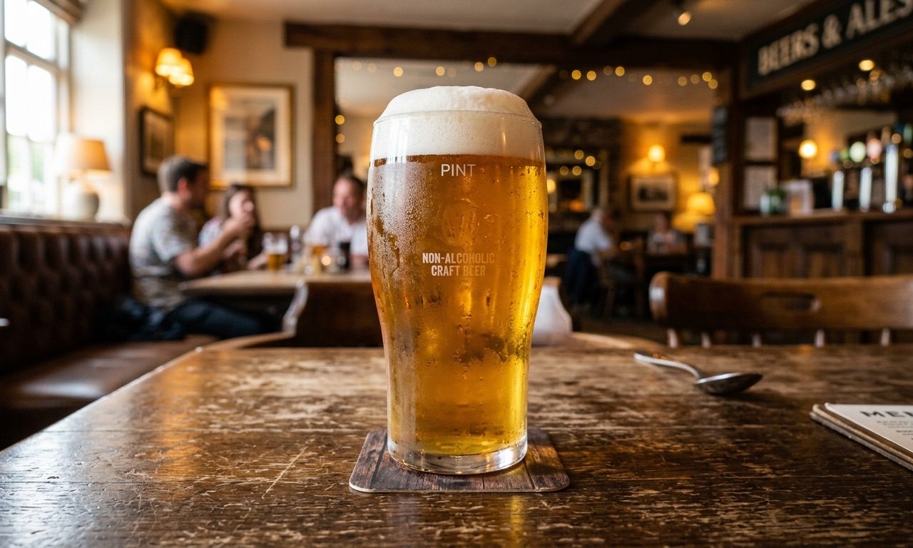 A crisp pint of non-alcoholic craft beer with a thick white foam head on a wooden table in a British pub.